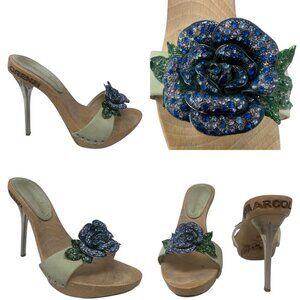 Rare Gianmarco Lorenzi Crystal Flower Wooden Platform Mules Sandals 6 Maximalist